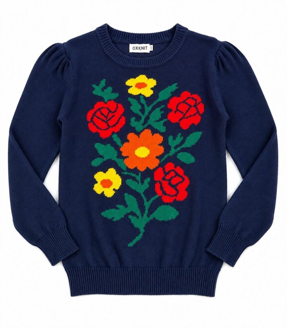 OXKNIT Navy Blue Floral Rose Retro Puff Sleeve Sweater Size Small - Picture 2 of 11